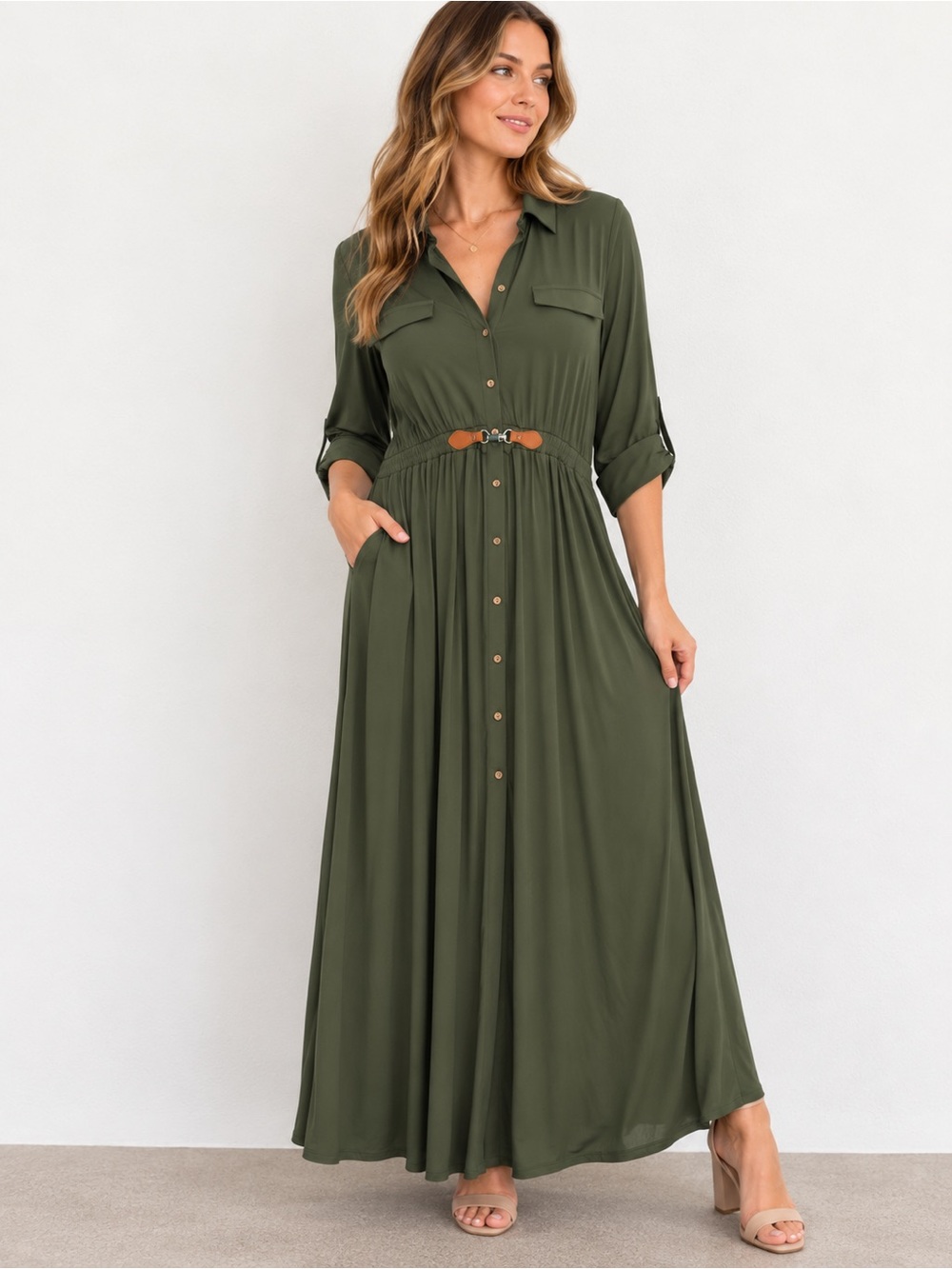 Always Indigo Women’s Olive Green Maxi Shirt Dress Belted Button Front 1X